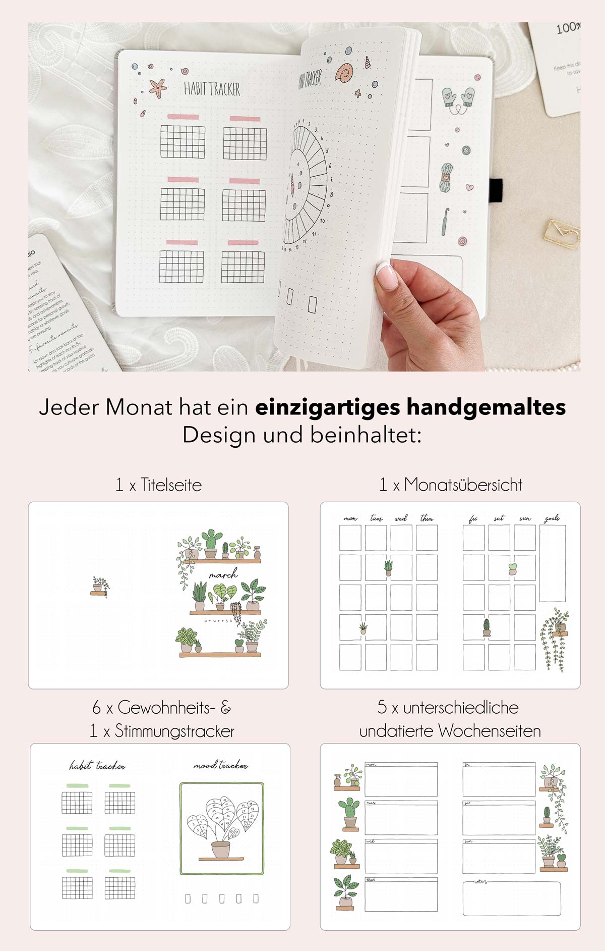 Ein fertiges Bullet Journal kaufen, Handgemalte Designs